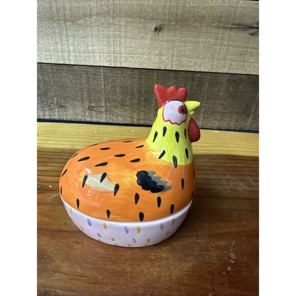 Pfaltzgraff Pistoulet Sitting Chicken Jane Kotlpen trinket box orange blue 5.5" - Picture 3 of 7